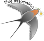 logo libre association correspondant àune hirodelle tenant une larguerite dans son bec, en plein vol, vu d'en dessous