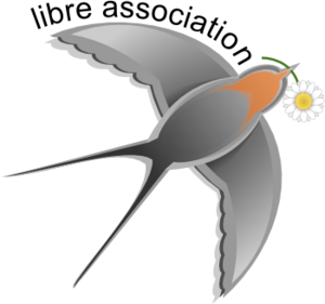 logo libre association correspondant àune hirodelle tenant une larguerite dans son bec, en plein vol, vu d'en dessous